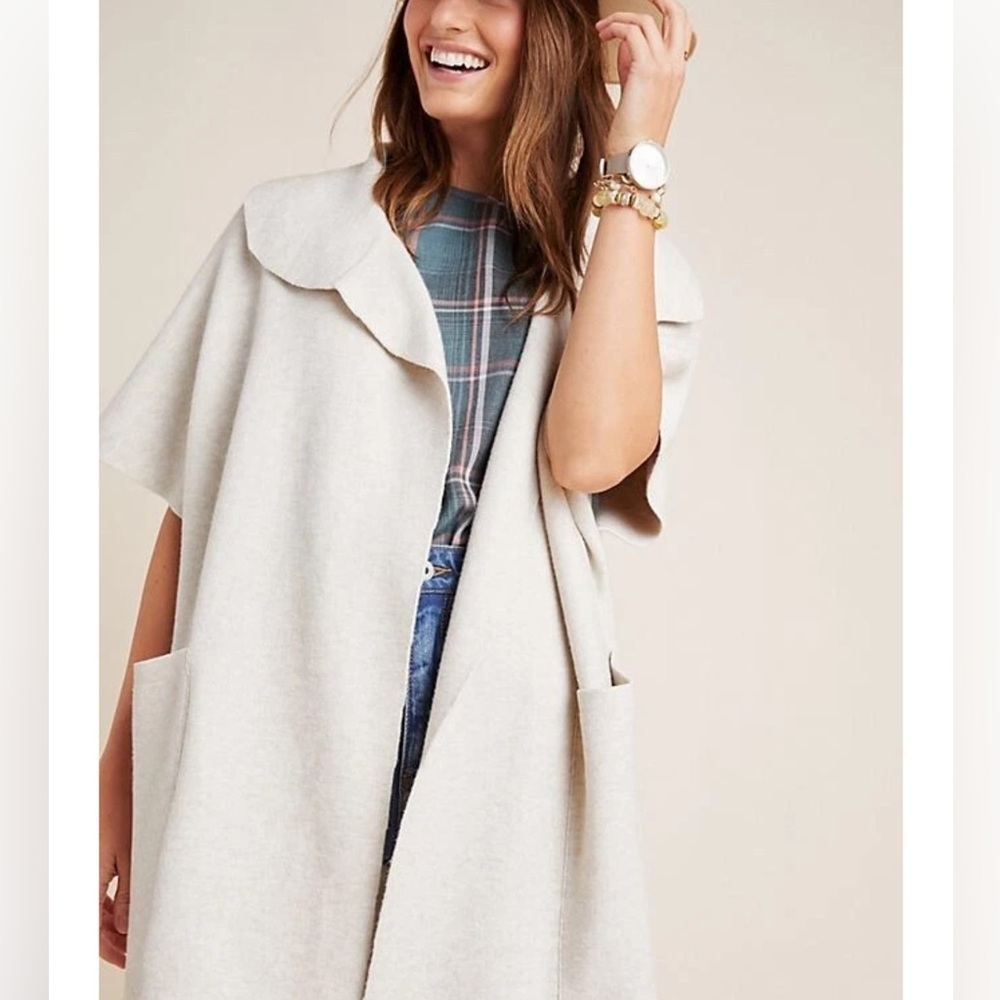 Anthropologie Akimi & Kin Emory Wrap Sweater Coat Shawl Ivory Grey Neutral O/S